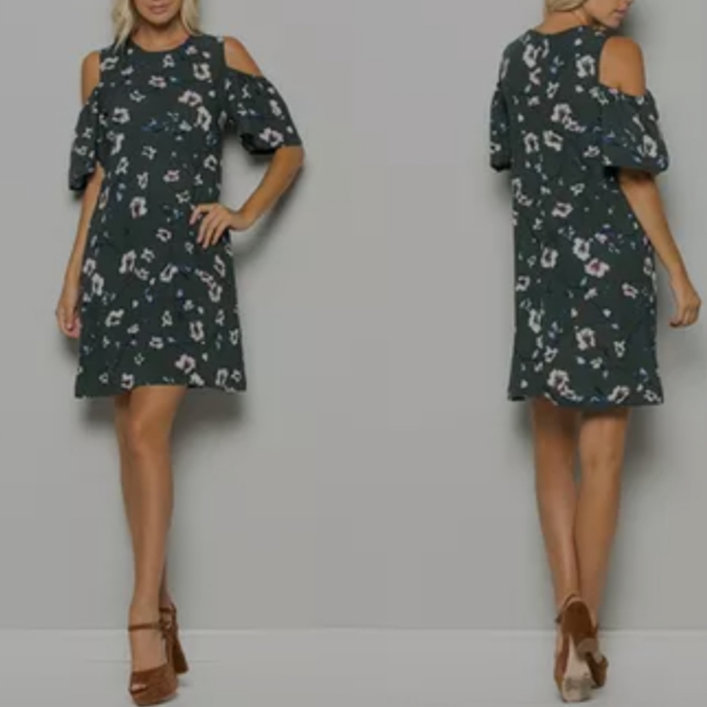 a Shappe Linen Blend Cold Shoulder cutout Floral Green zip flowing Dress Size-S